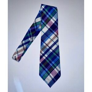 Sutter & Grant Mens Plaid Tie Blue Green Purple White 100% Cotton Made in USA